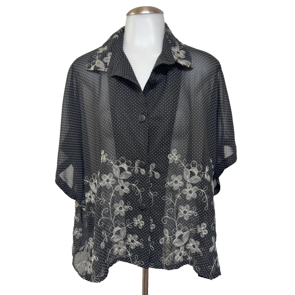 Dress To Kill Black Sheer Classic Polka Dot Floral Embroidered Top blouse